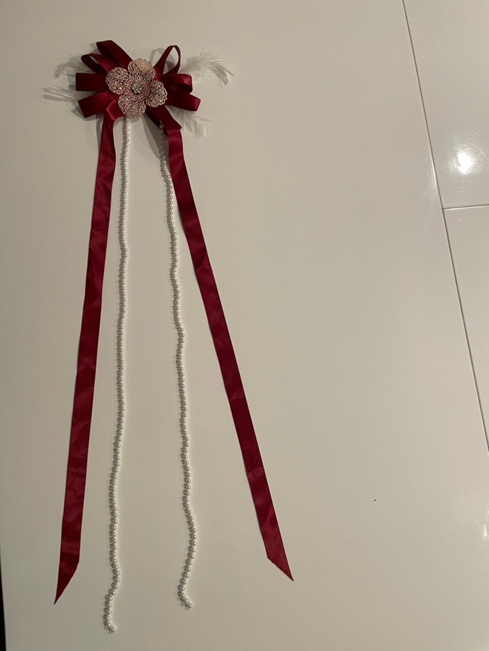Burgundy Ribbon and Pearl Accent Hair Bow